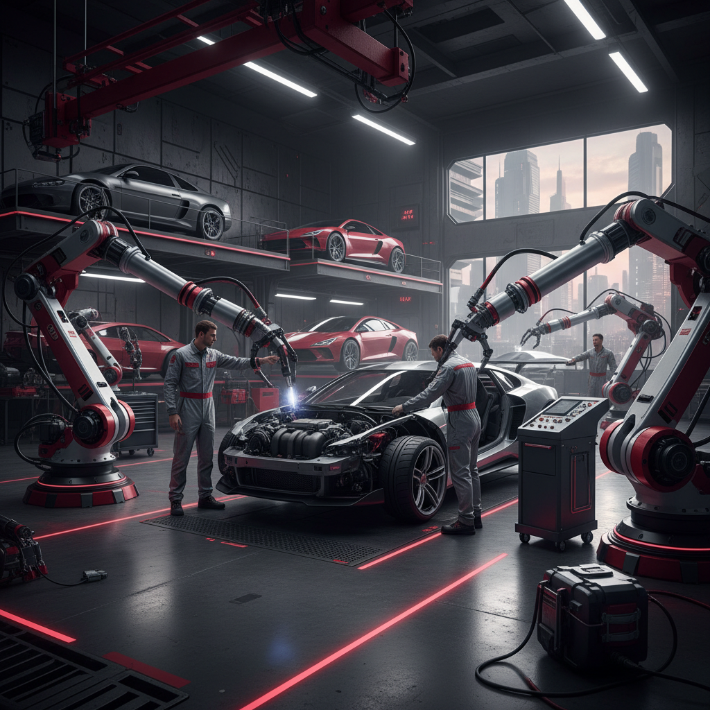 OmniSEO Report: My Auto Shop Google Rankings Are Broken: A futuristic car garage with robots assisting mechanics, showing the integration of AI in auto repai | innovAIt Media