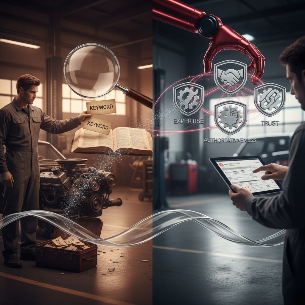 OmniSEO Report: My Auto Shop Google Rankings Are Broken: Diagram illustrating the shift from keyword-centric SEO to AI-driven E-E-A-T signals for auto shops. | innovAIt Media