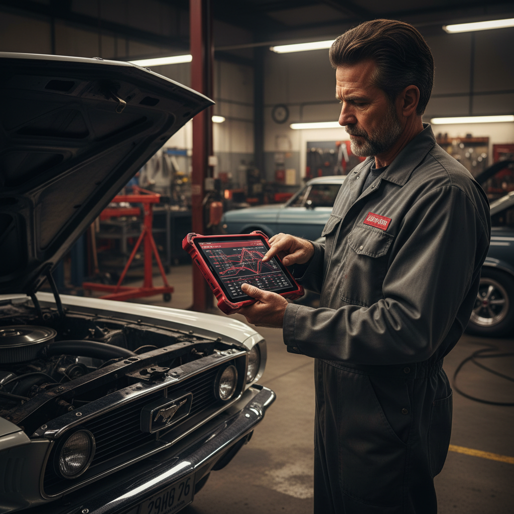 OmniSEO Report: My Auto Shop Google Rankings Are Broken: Image of an auto mechanic interacting with a tablet displaying diagnostic data, symbolizing modern t | innovAIt Media