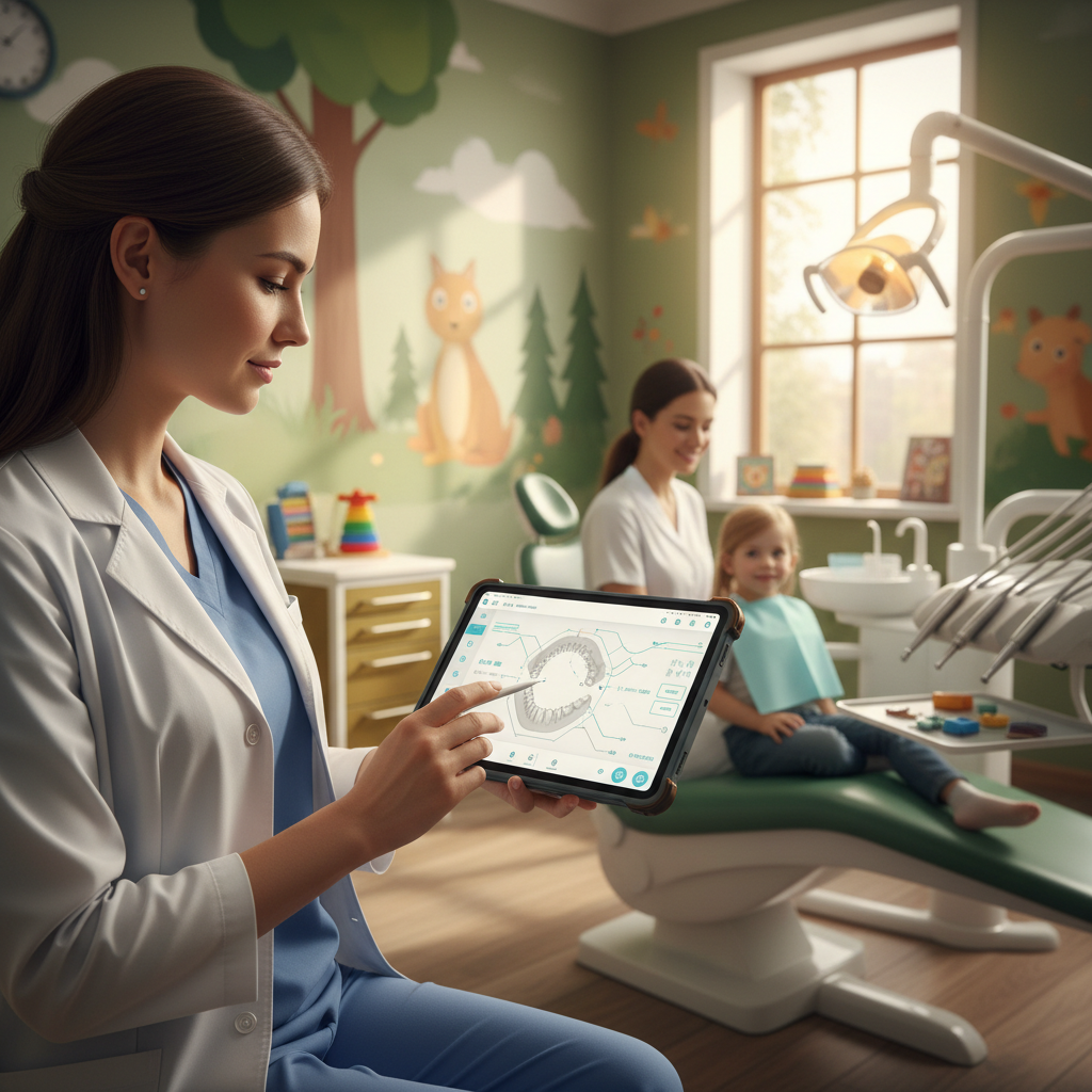 Pediatric Dentistry's Silent Killer: Is Your Pricing Driving Patients Away? Pediatric Dentistry's Silent Killer: Is Your Pricing Driving Patients Away?: Dentist using AI software on a tablet with pediatric dental clinic in background. | innovAIt Media