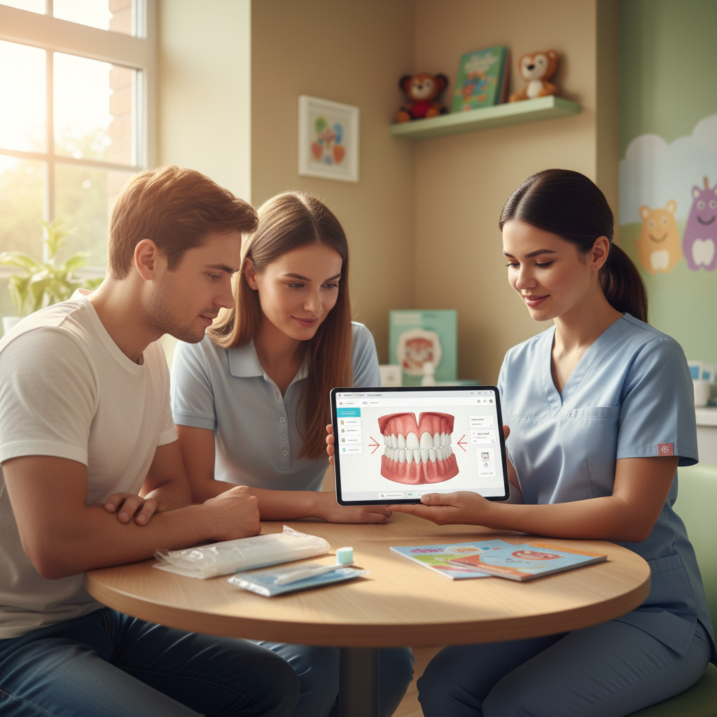 Pediatric Dentistry's Silent Killer: Is Your Pricing Driving Patients Away? Pediatric Dentistry's Silent Killer: Is Your Pricing Driving Patients Away?: Professional photo of a pediatric dentist consulting with parents about treatment plans on a digital | innovAIt Media