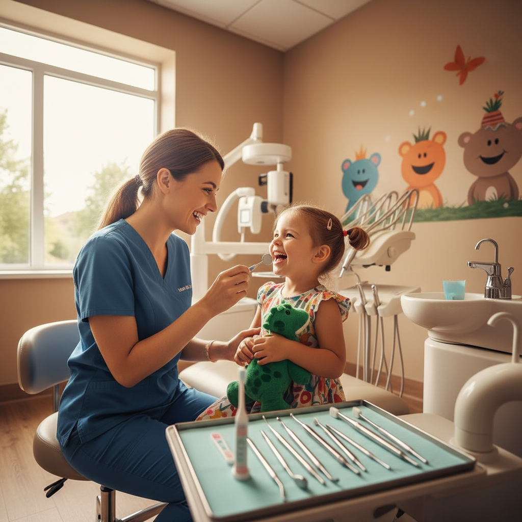 Pediatric Dentistry's Silent Killer: Is Your Pricing Driving Patients Away? Pediatric Dentistry's Silent Killer: Is Your Pricing Driving Patients Away?: Professional photo of a pediatric dentist happily interacting with a child patient in a brightly lit | innovAIt Media