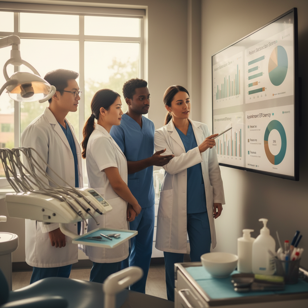 Pediatric Dentistry's Silent Killer: Is Your Pricing Driving Patients Away? Pediatric Dentistry's Silent Killer: Is Your Pricing Driving Patients Away?: Professional photo of a diverse dental team collaborating around a digital dashboard, analyzing perf | innovAIt Media