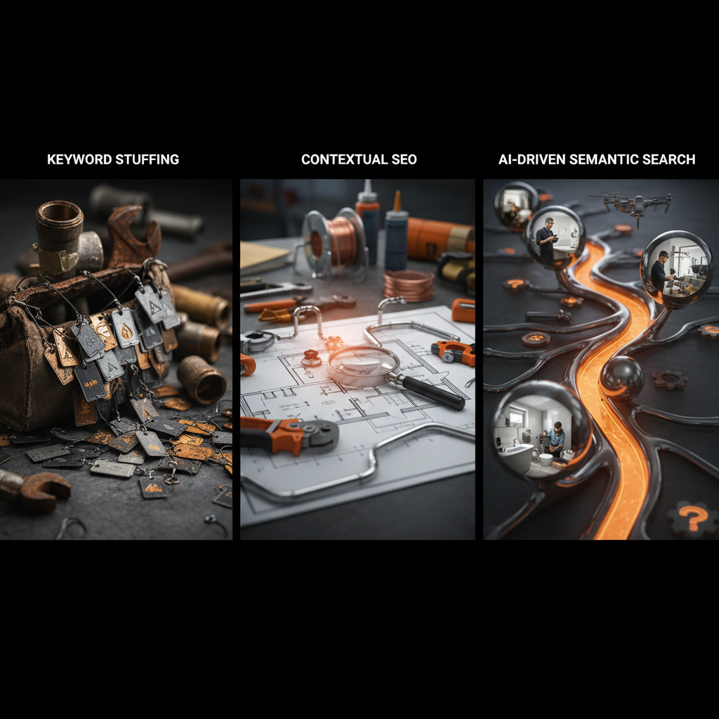 Rankscale Proof: How Perplexity Citations Fixed My Emergency Plumber SEO: A detailed infographic showing the evolution of SEO from keyword stuffing to AI-driven semantic sear | innovAIt Media