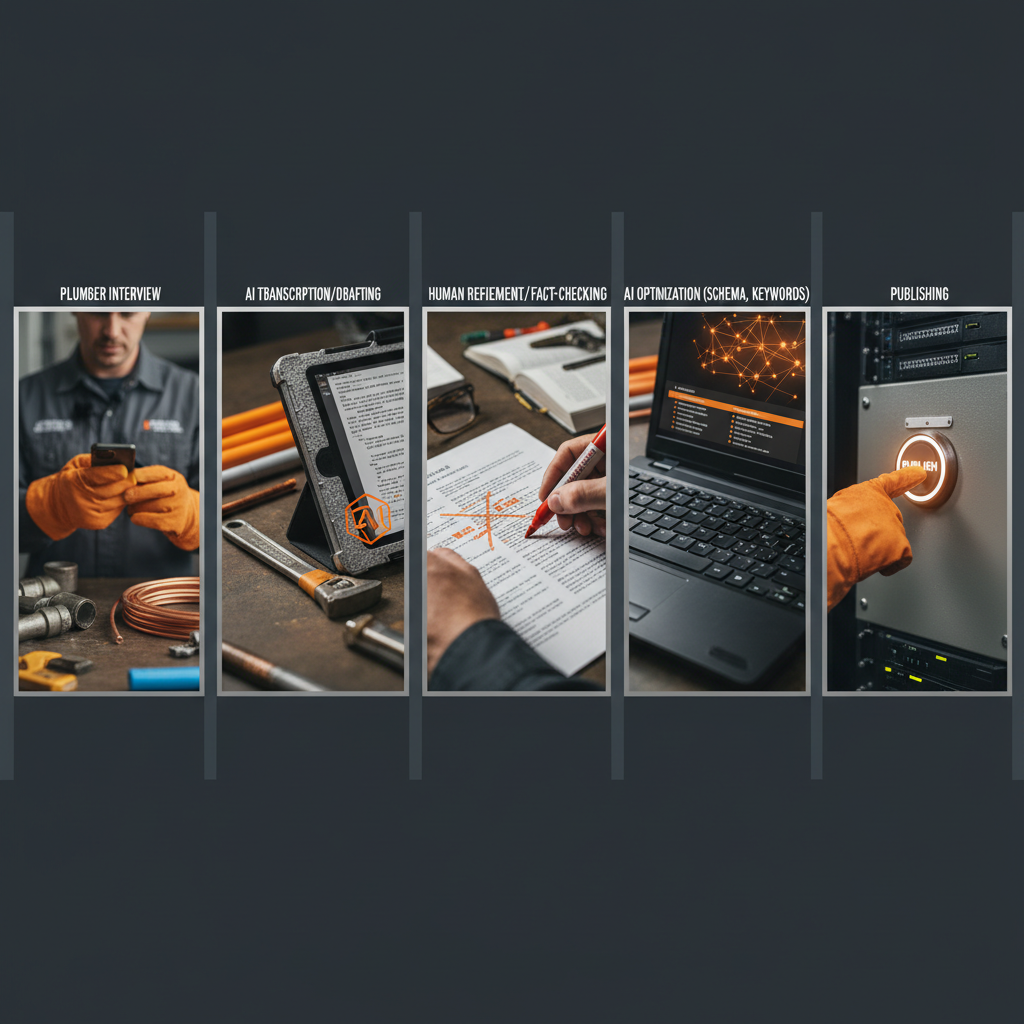 Rankscale Proof: How Perplexity Citations Fixed My Emergency Plumber SEO: A visual showing the content creation workflow: Plumber interview > AI transcription/drafting > Huma | innovAIt Media