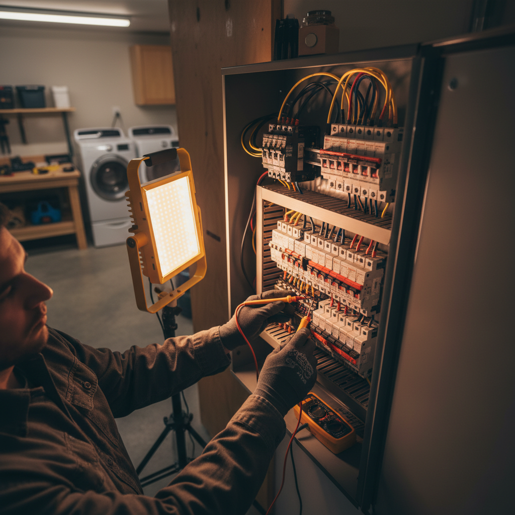 Rochester Electricians: Does AI-Powered Local Search Actually Pay Off?: Professional photo of an electrician troubleshooting a modern electrical panel in a well-lit Rochest | innovAIt Media