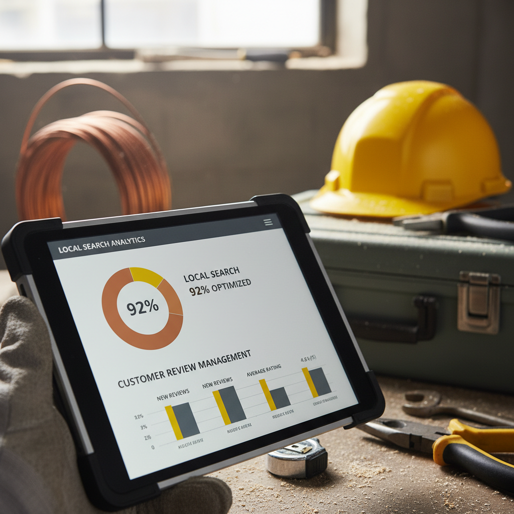 Rochester Electricians: Does AI-Powered Local Search Actually Pay Off?: Close-up of a tablet showing an AI dashboard with local search analytics and customer review managem | innovAIt Media
