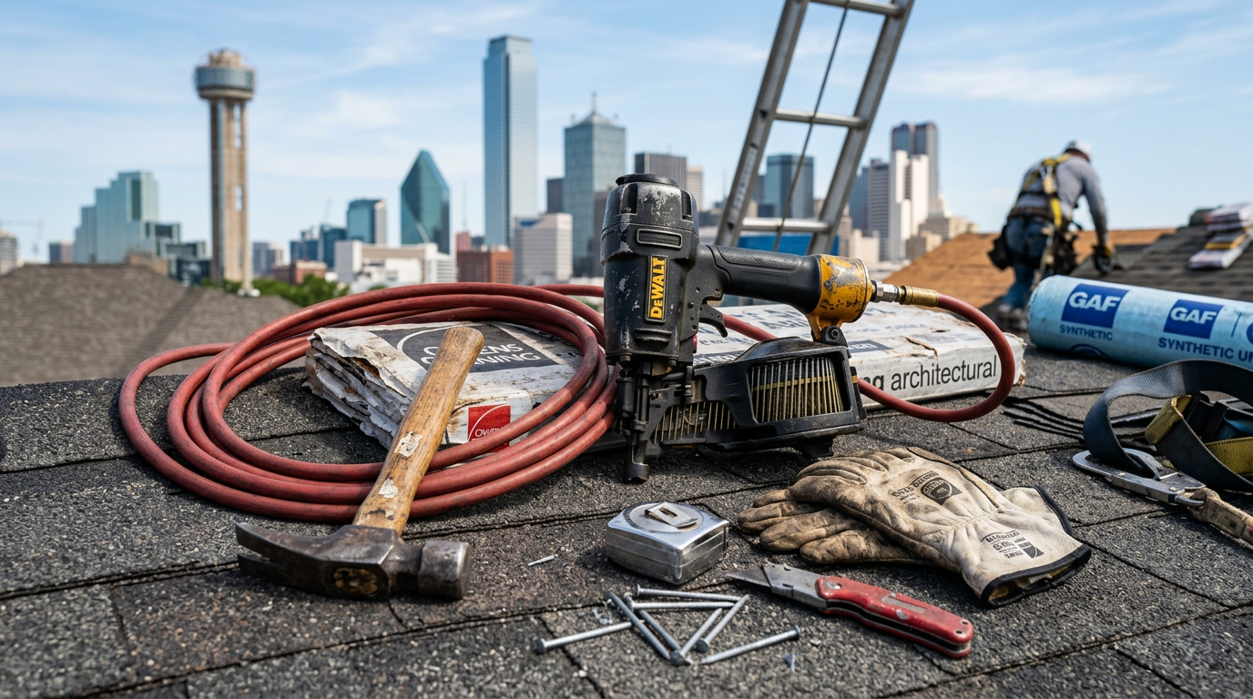 Roofing Company equipment and tools used by professionals in Dallas, Texas
