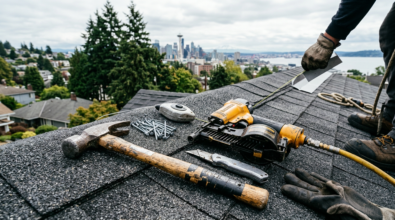 Roofing Company equipment and tools used by professionals in Seattle, Washington