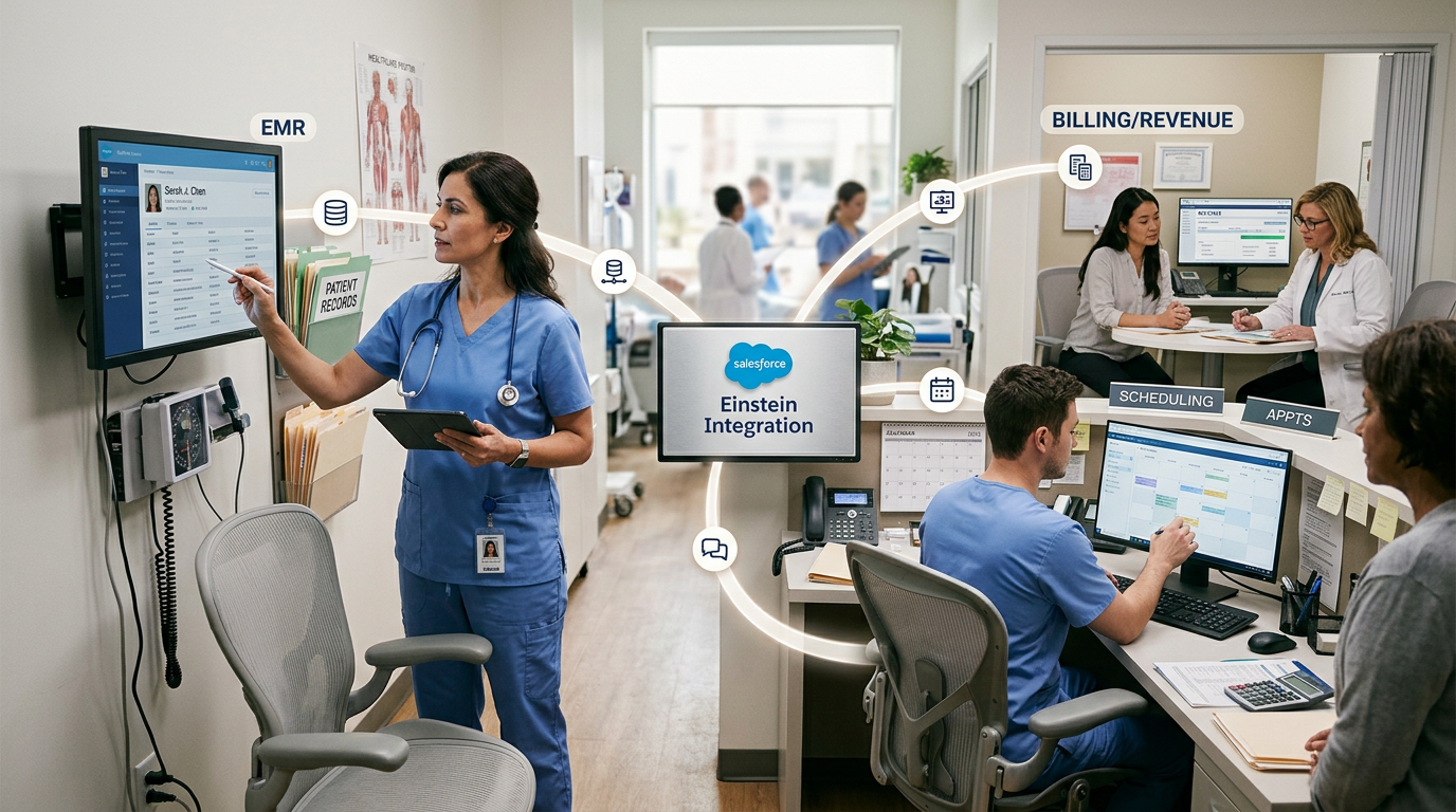 Salesforce Einstein 2 Report: 2026 Profit Projections for Urgent Care: A professional diagram illustrating Salesforce Einstein's integration points with medical practice s | innovAIt Media