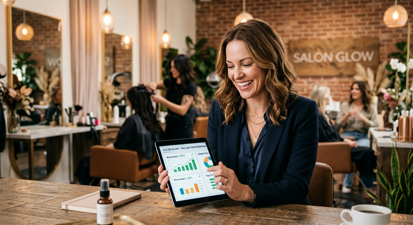 Salon business owner seeing AI marketing results in Dallas, Texas Salon business owner seeing AI marketing results in Dallas, Texas