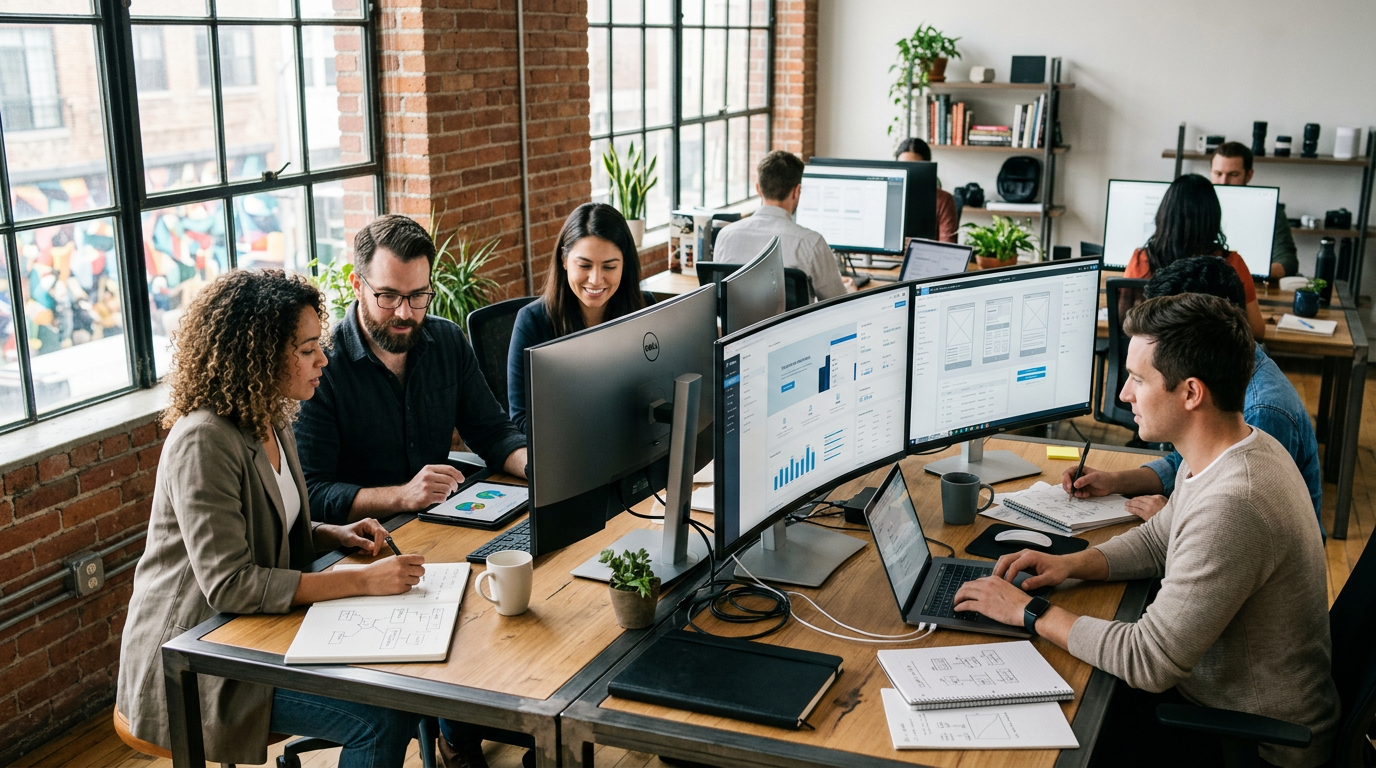 SEO optimized websites: Professional SEO optimized websites workspace with modern equipment and team col | innovAIt Media