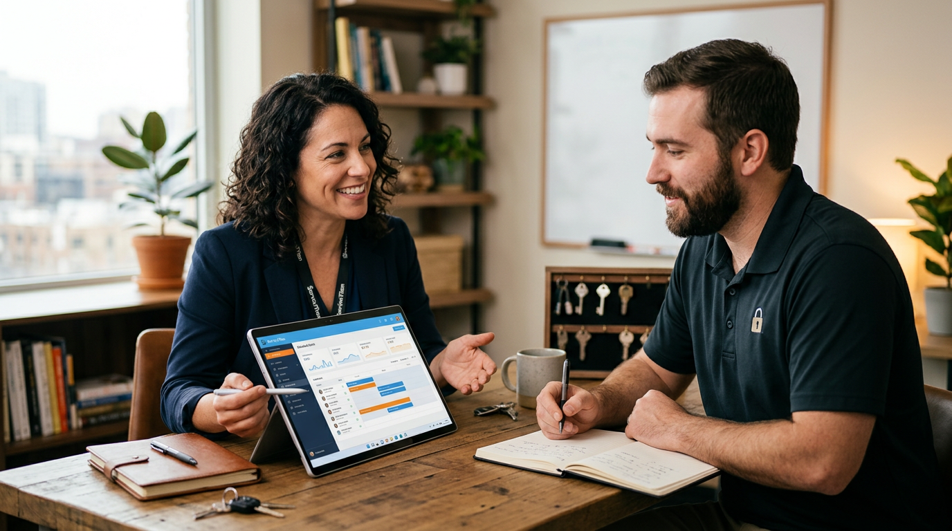 ServiceTitan for Locksmith in Charlotte, NC: Expert ServiceTitan for Locksmith professional consulting with a client, warm of | innovAIt Media