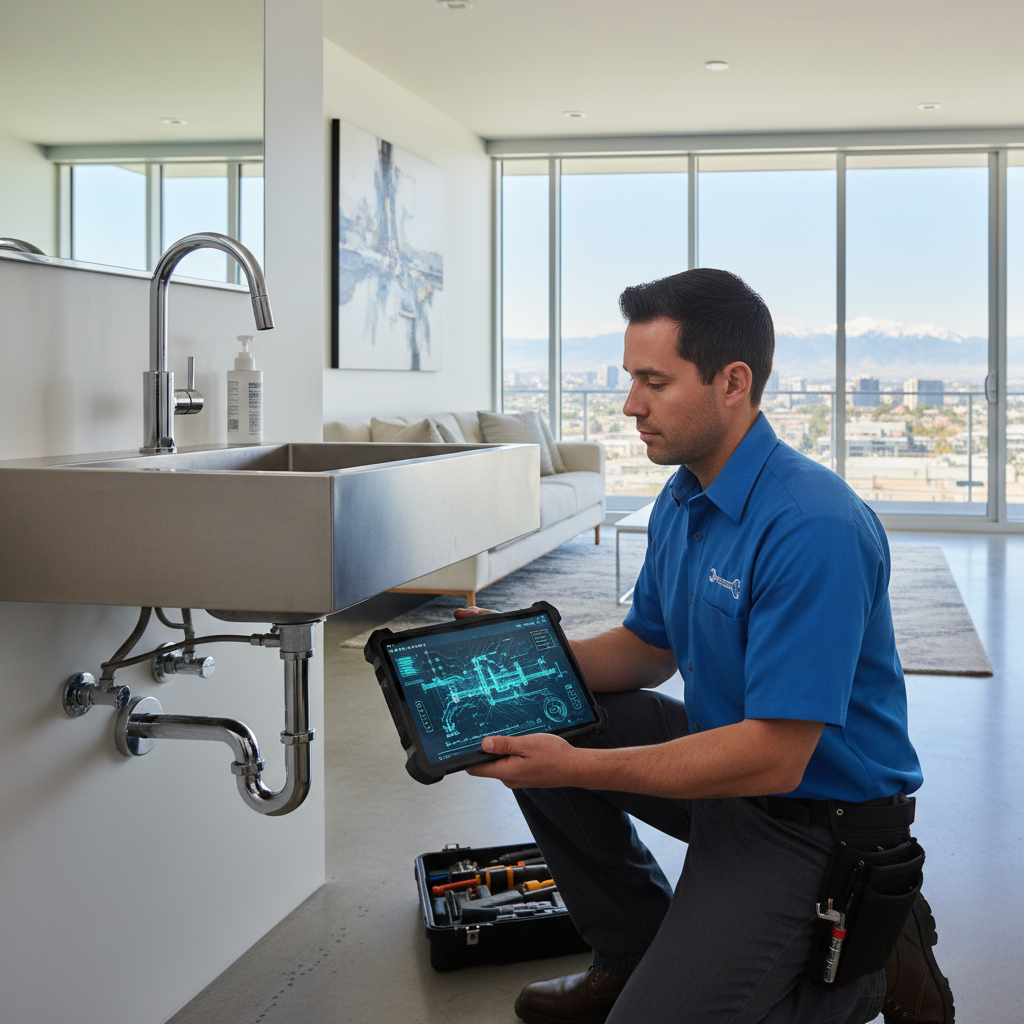 Stop Losing Leads: AI Automation for Salt Lake City Plumbers: Professional photo of a plumber using a tablet with AI-powered features displayed, in a modern Salt  | innovAIt Media