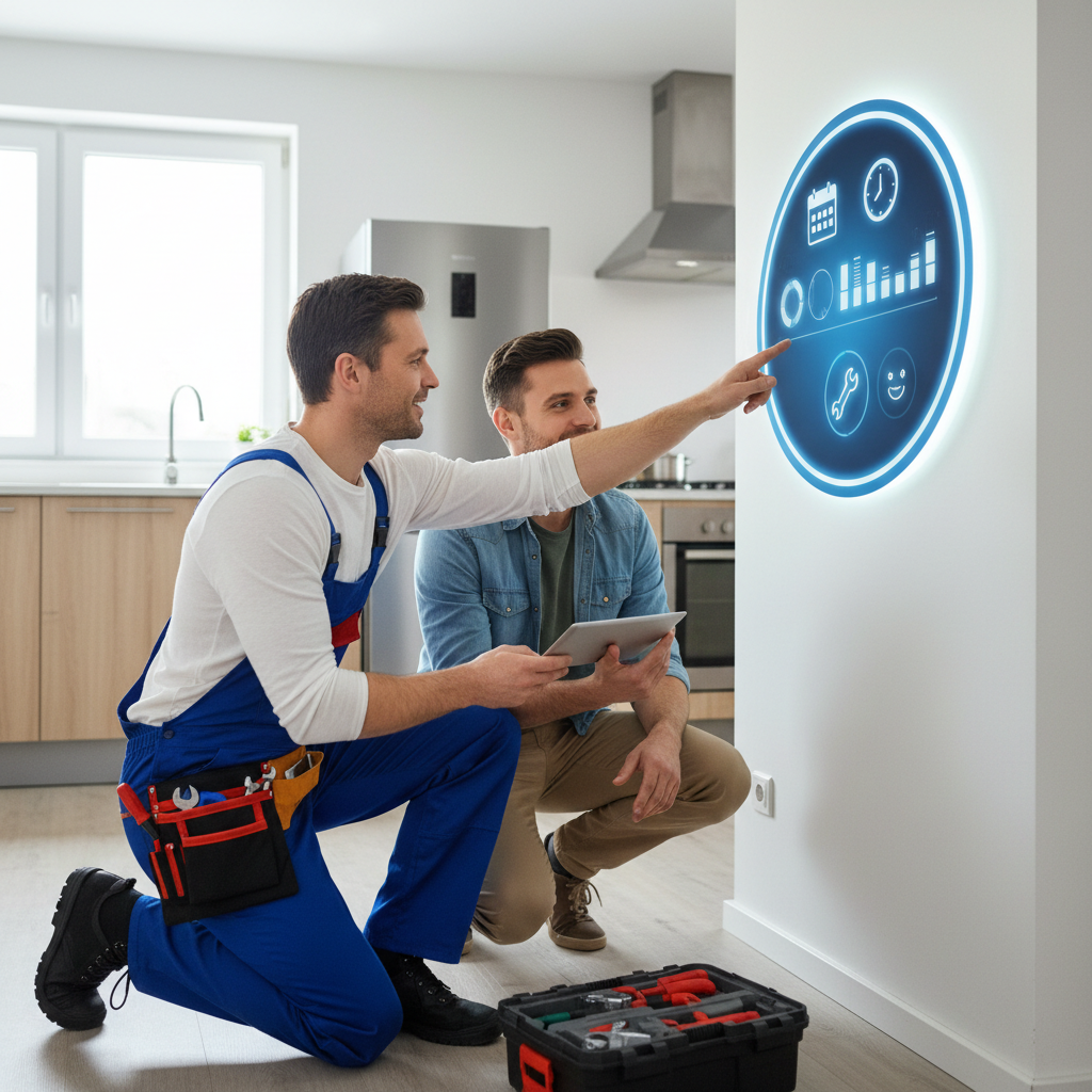 Stop Losing Leads: AI Automation for Salt Lake City Plumbers: Professional photo of a plumber interacting with a customer while a smart home device display shows  | innovAIt Media