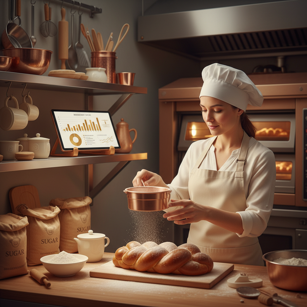 The Artisan Bakery's AI Crisis: Meridian's Secret Ingredient? The Artisan Bakery's AI Crisis: Meridian's Secret Ingredient?: Professional photo of a baker working in a clean, modern kitchen with a tablet showing inventory dat | innovAIt Media