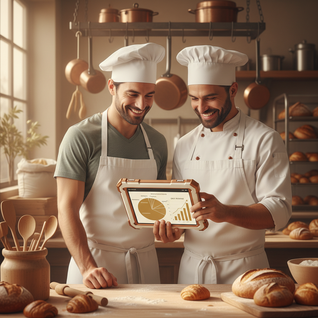The Artisan Bakery's AI Crisis: Meridian's Secret Ingredient? The Artisan Bakery's AI Crisis: Meridian's Secret Ingredient?: Two bakers smiling while looking at a tablet displaying real-time sales data. | innovAIt Media