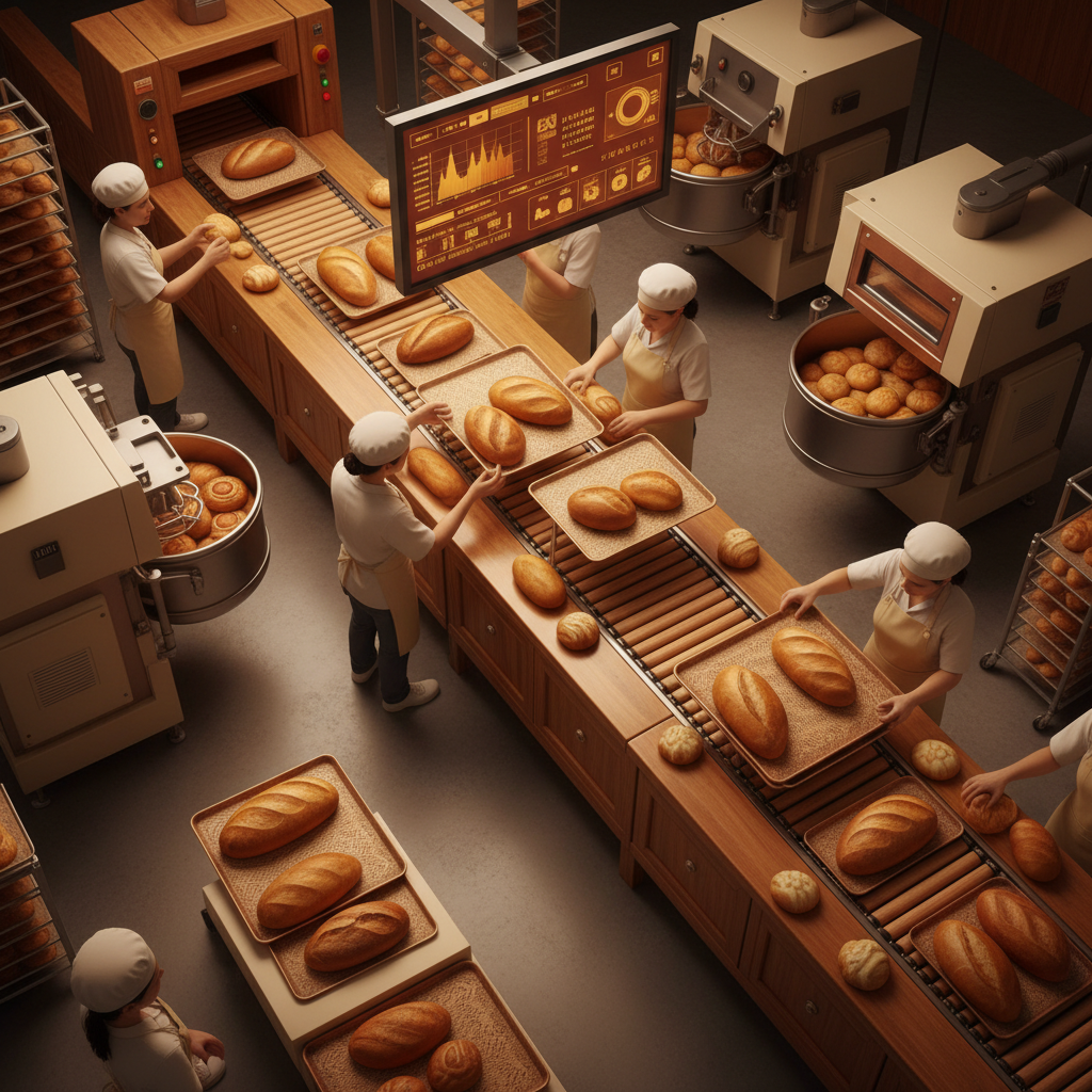 The Artisan Bakery's AI Crisis: Meridian's Secret Ingredient? The Artisan Bakery's AI Crisis: Meridian's Secret Ingredient?: Overhead shot of an organized bakery production line, with some automated elements visible and a dig | innovAIt Media