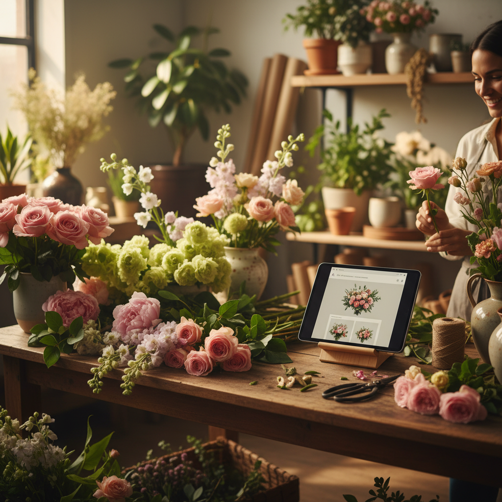 The Bot in the Bouquet: Why AI Scares Wedding Florists The Bot in the Bouquet: Why AI Scares Wedding Florists: Professional photo of a florist studio with a tablet showing AI software alongside fresh flowers | innovAIt Media