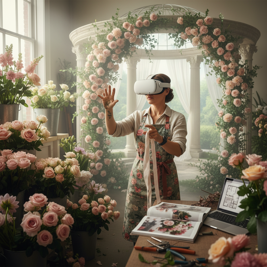 The Bot in the Bouquet: Why AI Scares Wedding Florists The Bot in the Bouquet: Why AI Scares Wedding Florists: A florist using a VR headset to visualize a wedding floral arrangement in a virtual venue space | innovAIt Media