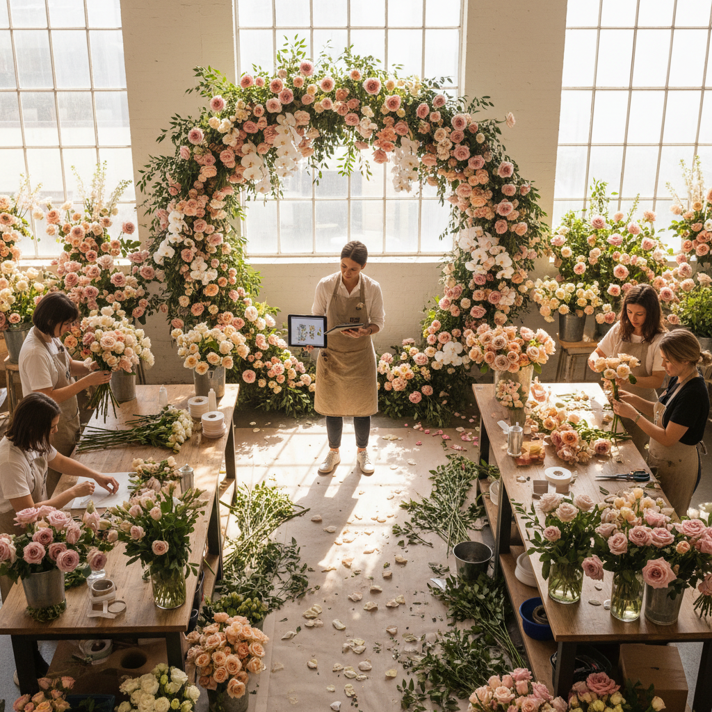 The Bot in the Bouquet: Why AI Scares Wedding Florists The Bot in the Bouquet: Why AI Scares Wedding Florists: An aerial view of a bustling floral workshop, with one designer using a tablet near a wedding arch | innovAIt Media