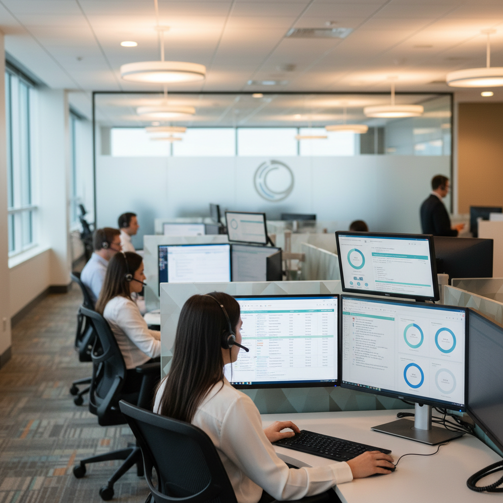 The Insurance Agency's Silent Killer: Is Your AEO Strategy Losing Clients? The Insurance Agency's Silent Killer: Is Your AEO Strategy Losing Clients?: Professional photo of an insurance call center setup, with screens showing integrated CRM data, tran | innovAIt Media