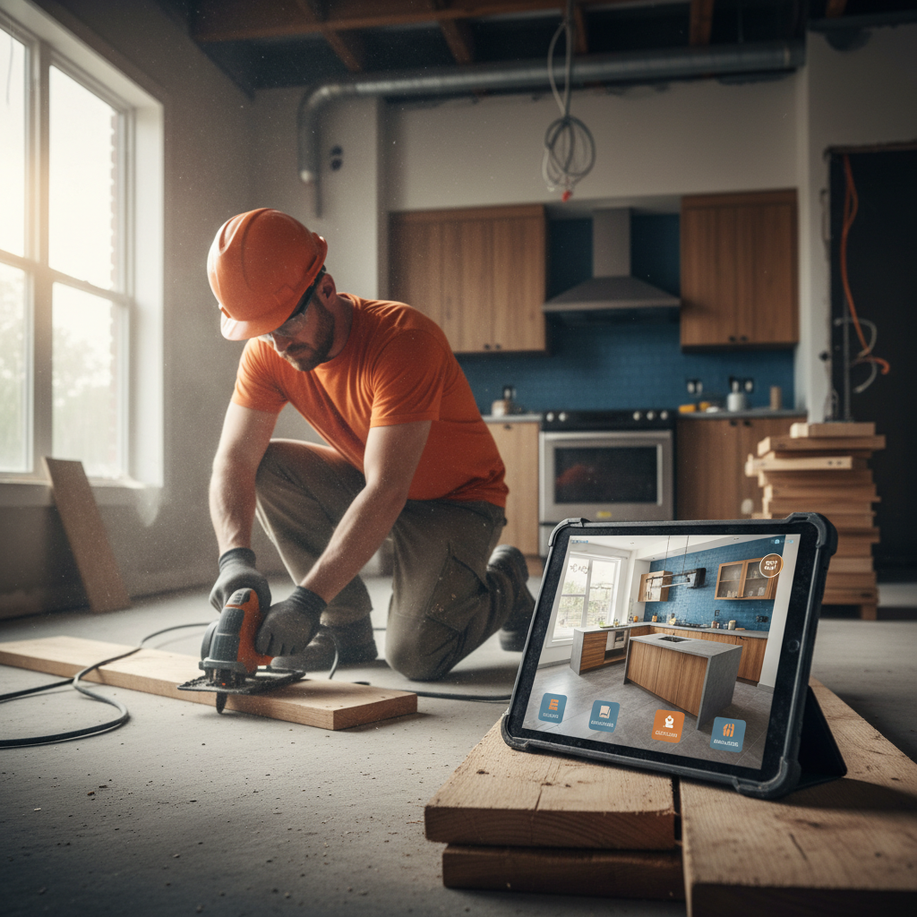 The Kitchen Remodeler's Content Death Spiral: Why AI Is Your Only Hope The Kitchen Remodeler's Content Death Spiral: Why AI Is Your Only Hope: Professional photo of a kitchen remodeler working on a project while a tablet displays AI-generated | innovAIt Media