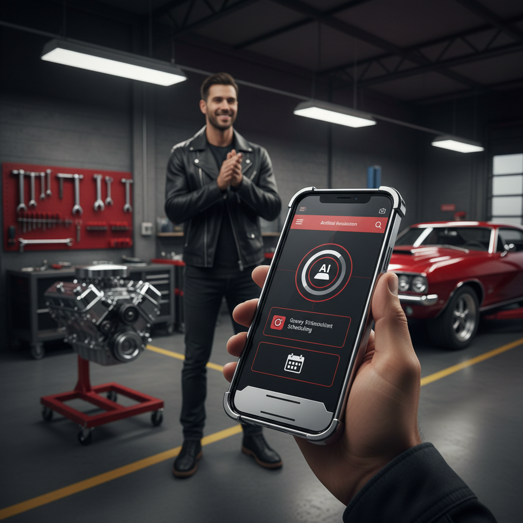 Unlock AI Efficiency for Tuscaloosa Auto Shops Unlock AI Efficiency for Tuscaloosa Auto Shops: An AI chatbot interface efficiently handling customer queries and scheduling on a mobile device, wit | innovAIt Media