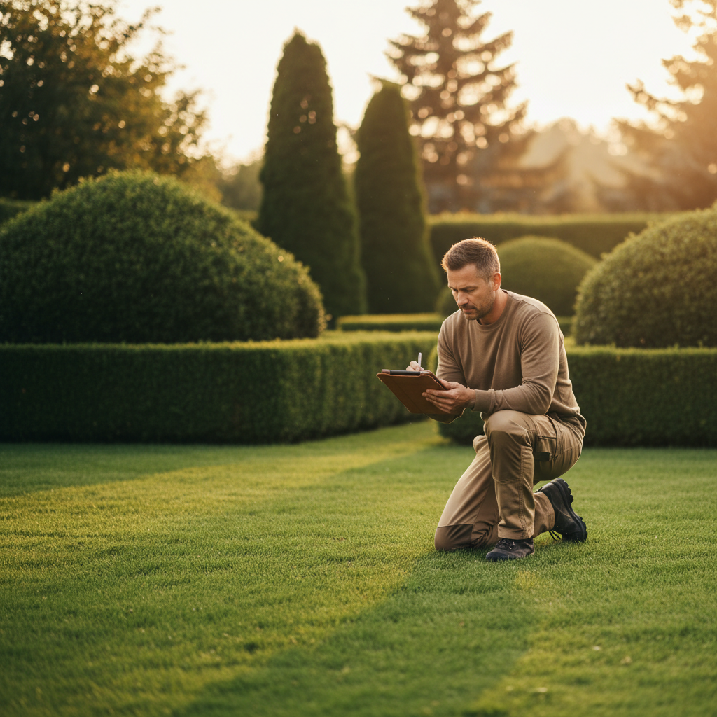 Unlock Growth: AI Verification for Landscaping Pros Unlock Growth: AI Verification for Landscaping Pros: Professional photo of a landscaper using a tablet to document work on a pristine lawn with hedges. | innovAIt Media