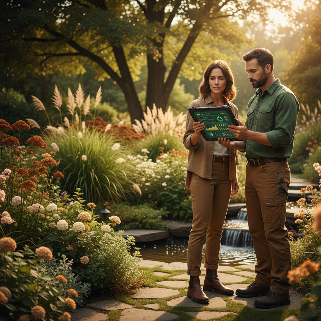 Unlock Growth: AI Verification for Landscaping Pros Unlock Growth: AI Verification for Landscaping Pros: Professional photo of a landscaper and client reviewing a detailed digital report of completed work | innovAIt Media