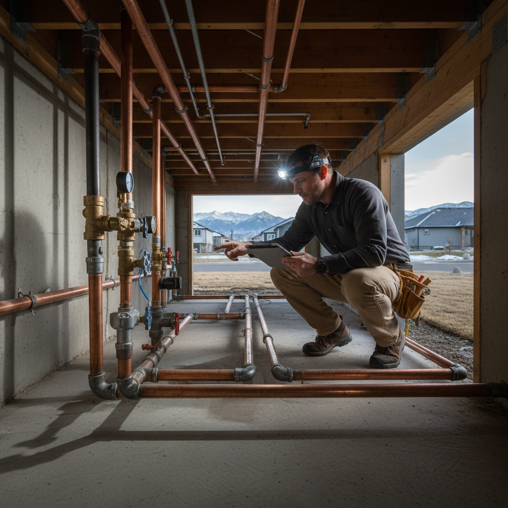 Unlock Growth: Hyperlocal SEO for Salt Lake City Plumbers: Professional photo of a plumber analyzing a complex pipe system under a modern suburban home in Salt | innovAIt Media