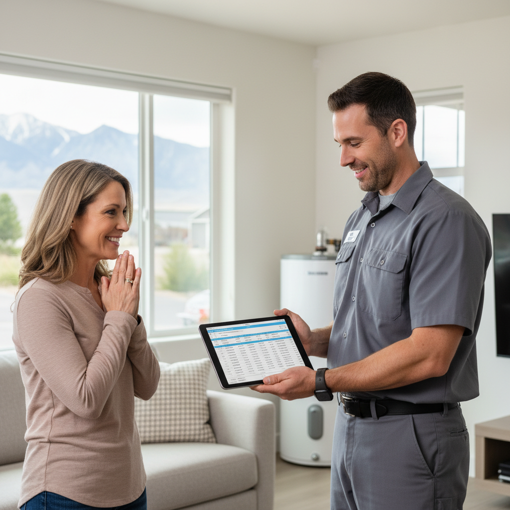 Unlock Growth: Hyperlocal SEO for Salt Lake City Plumbers: Professional photo of a plumber presenting a detailed service invoice to a satisfied customer in a w | innovAIt Media