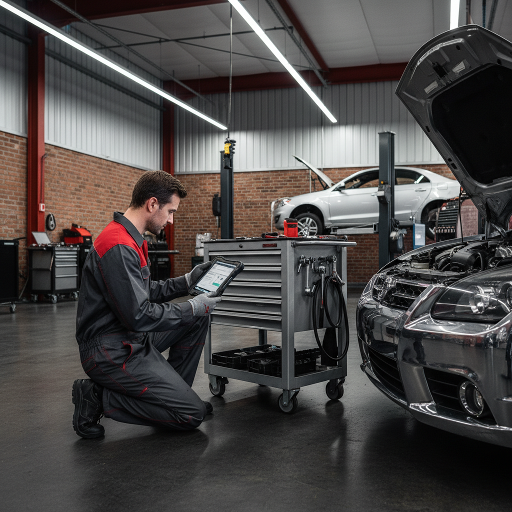 Unlock Local Customers: SEO for Memphis Auto Repair Shops: A mechanic looking at a tablet with diagnostic software in a clean, modern auto repair shop. | innovAIt Media