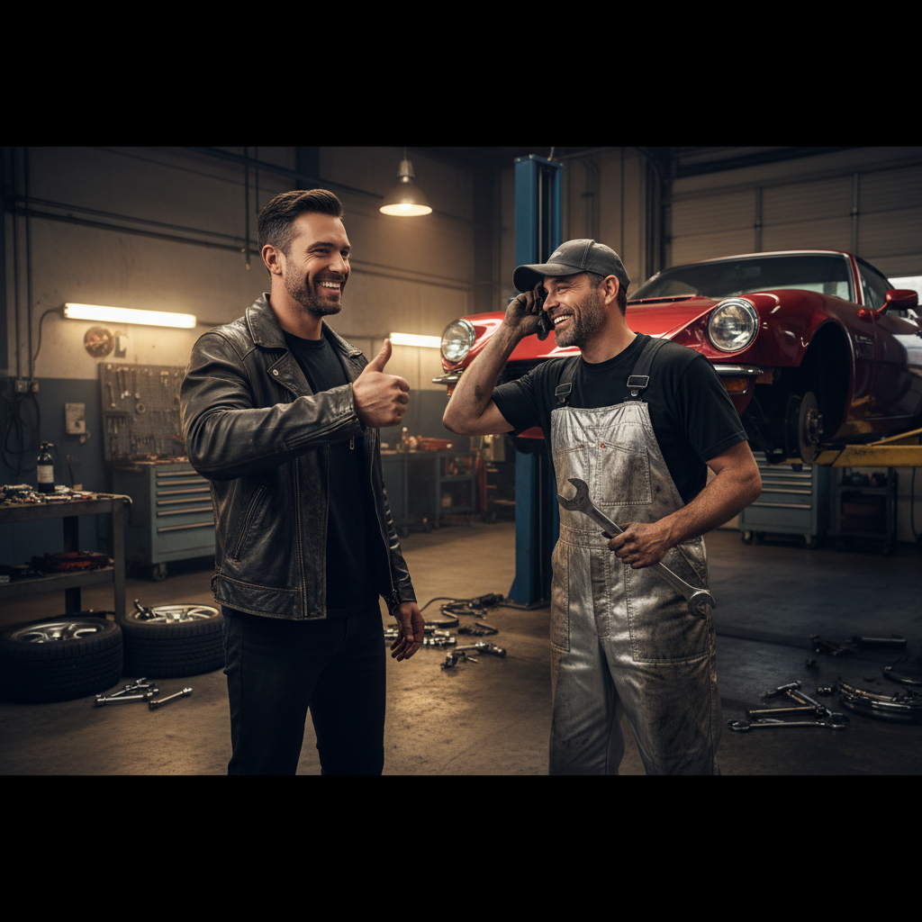 Unlock Local Customers: SEO for Memphis Auto Repair Shops: A customer smiling and giving a thumbs-up to a mechanic after a successful car repair. | innovAIt Media