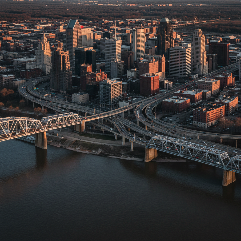 Unlock Local Customers: SEO for Memphis Auto Repair Shops: An aerial view of Memphis city center with the Mississippi River in the foreground. | innovAIt Media