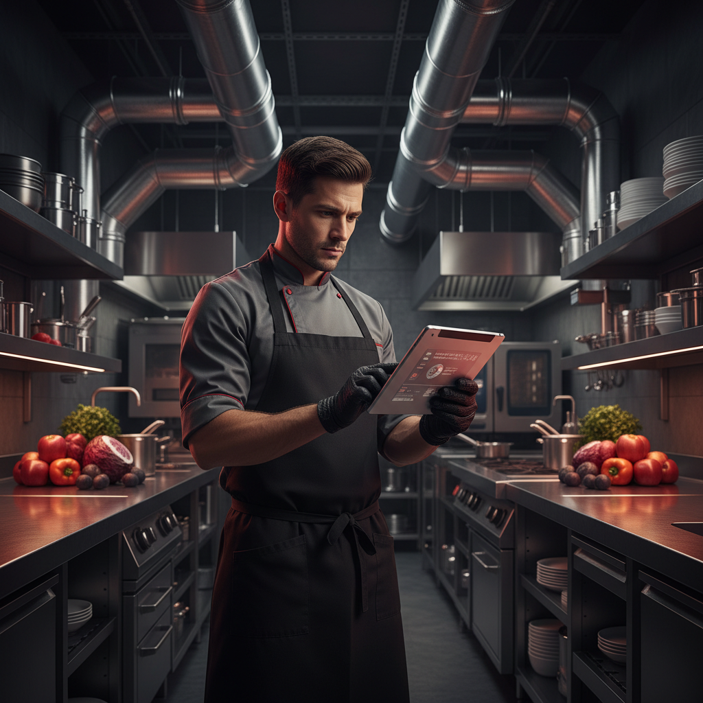 Unlock Profit: AI for Farm-to-Table Restaurants: Professional photo of a chef in a modern kitchen, looking at a tablet displaying AI-driven inventory | innovAIt Media