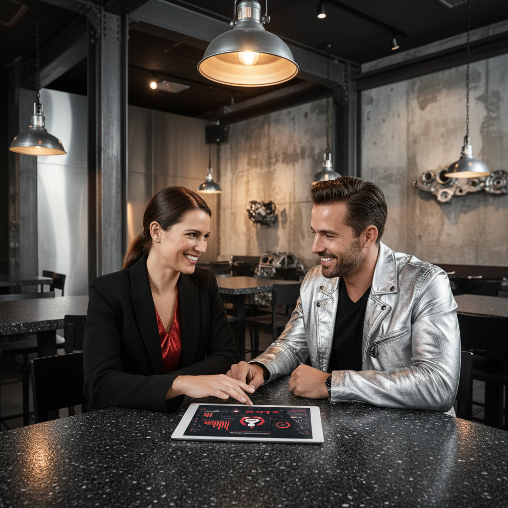 Unlock Profit: AI for Farm-to-Table Restaurants: Professional photo of a restaurant owner interacting with a customer at a table, both smiling, with  | innovAIt Media