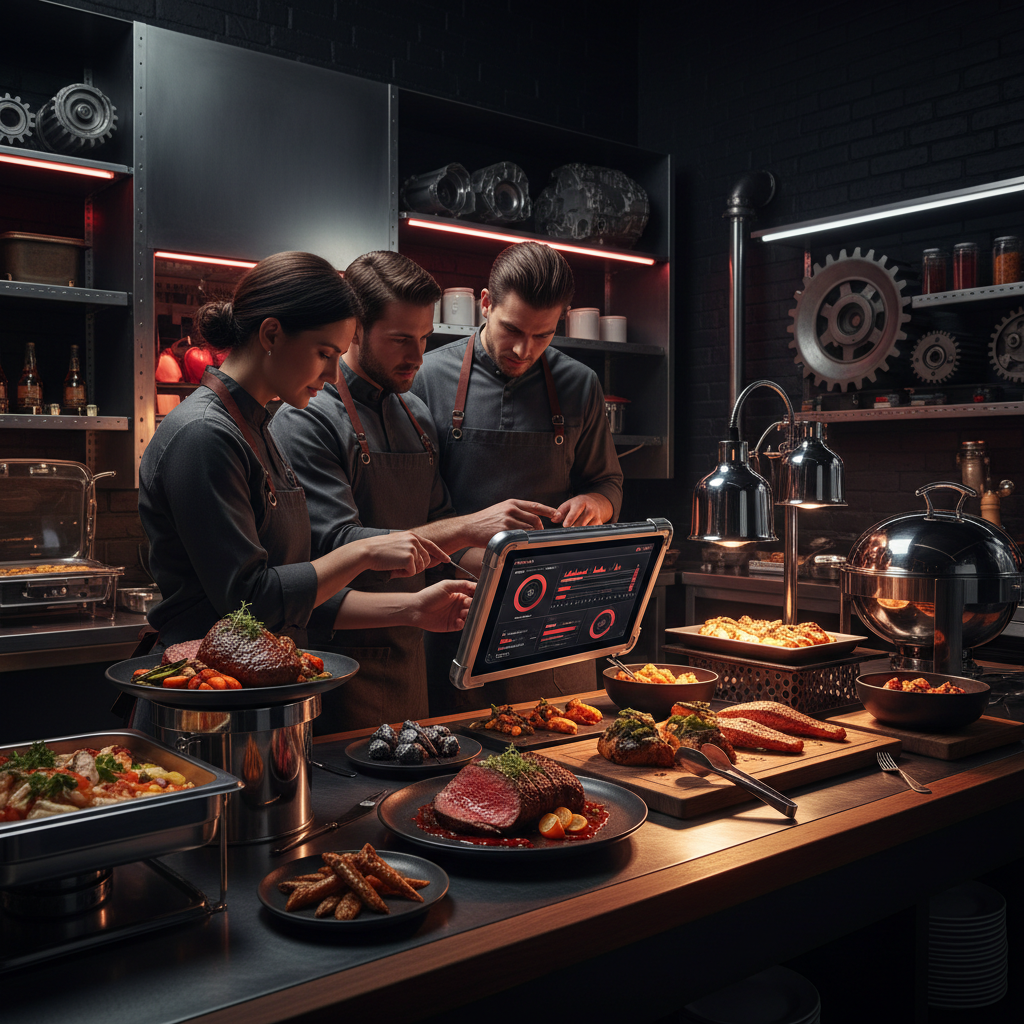 Unlock Profit: AI for Farm-to-Table Restaurants: Professional photo of restaurant staff reviewing a tablet showing AI-driven insights, with a vibrant | innovAIt Media