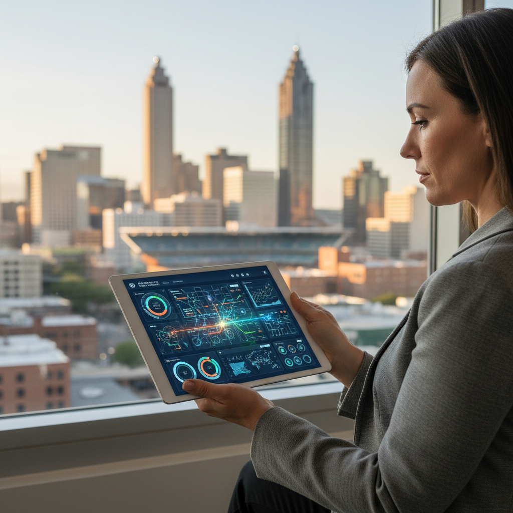 What Every Atlanta Realtor Should Know About AI Market Analysis: Professional photo of an Atlanta realtor looking at an AI-powered market analysis dashboard on a tab | innovAIt Media