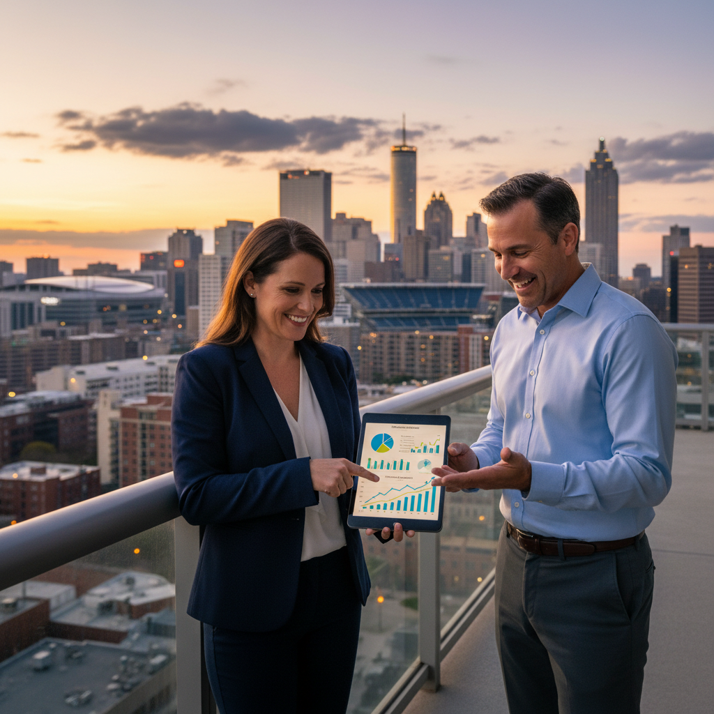 What Every Atlanta Realtor Should Know About AI Market Analysis: An Atlanta realtor engaging with a happy client, showcasing a personalized AI-generated market repor | innovAIt Media