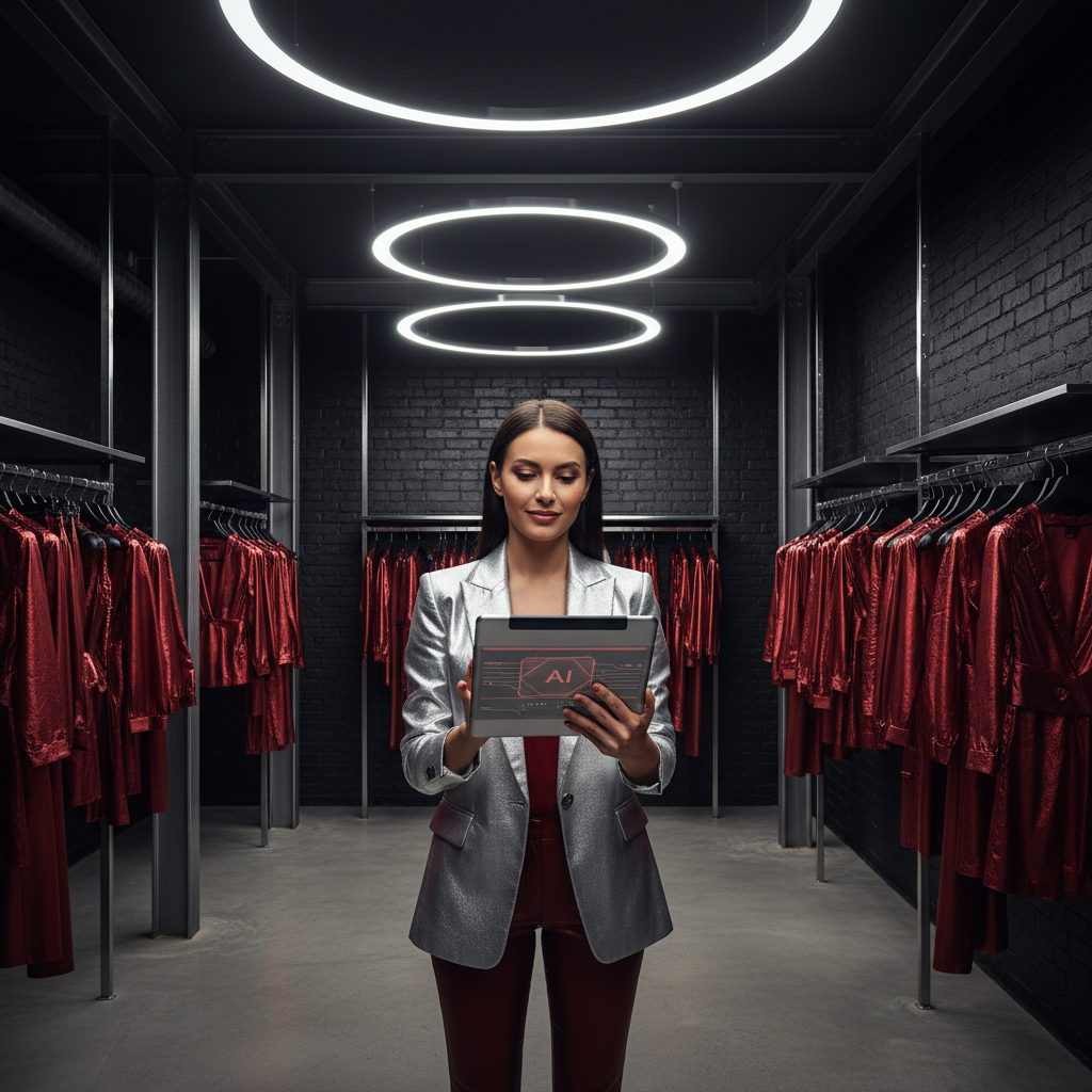 What Every Oklahoma Boutique Should Know About AI Proposal Automation: A boutique owner in a stylish, well-lit clothing store, reviewing a tablet with an AI interface disp | innovAIt Media