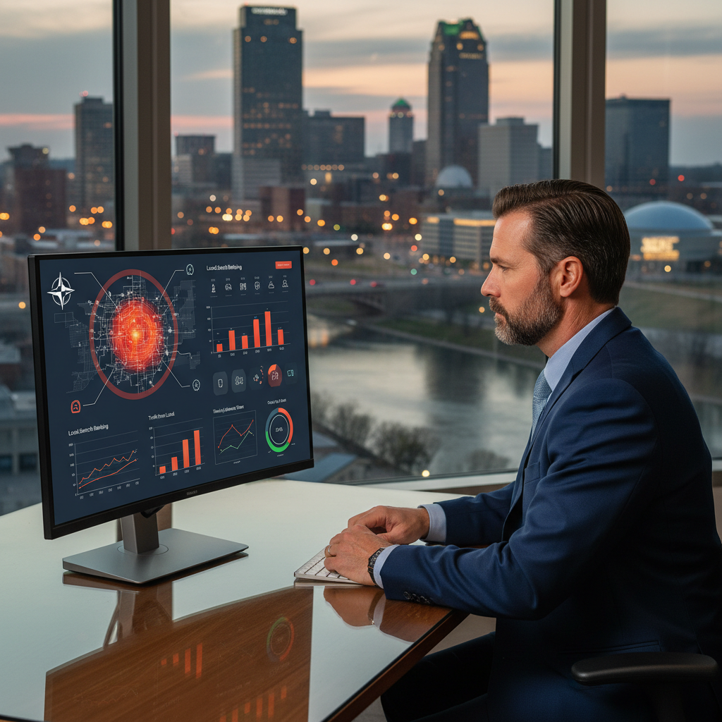 What Every Wichita KS Master Electrician Should Know About Hyperlocal Targeting: Professional shot of a business owner reviewing a digital marketing dashboard showing local SEO metr | innovAIt Media