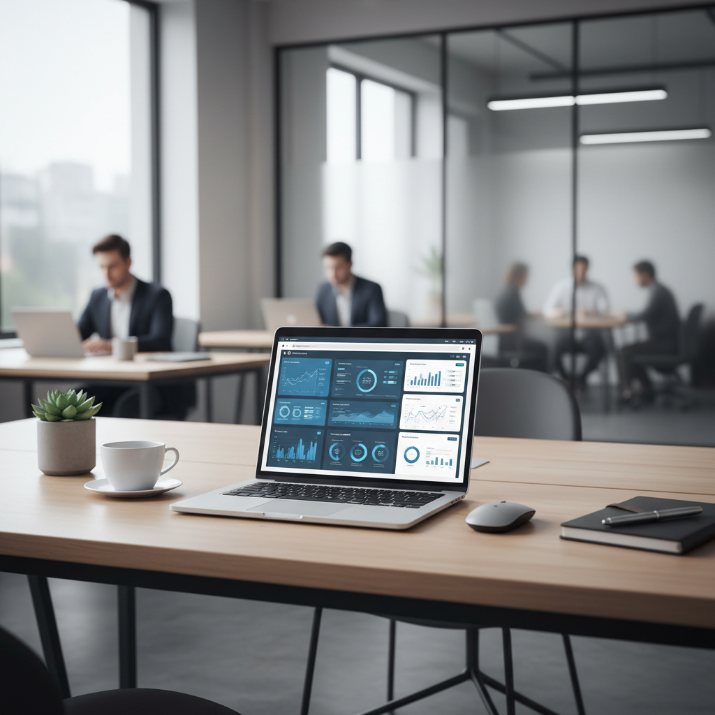 What Happens When a Chattanooga Business Tries AI SEO?: Professional scene of a clean, organized office desk with a laptop displaying an integrated AI dashb | innovAIt Media