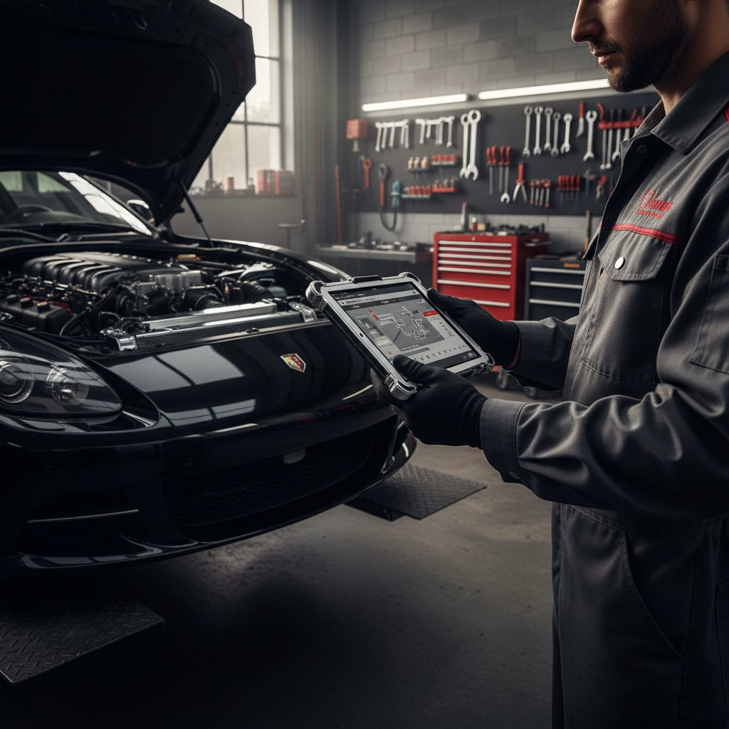 What Happens When a Miami, FL Auto Shop Tries Predictive AI?: Professional photo of an auto technician using a tablet to diagnose a modern vehicle. | innovAIt Media