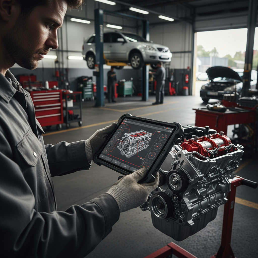 What Happens When a Miami, FL Auto Shop Tries Predictive AI?: auto repair shop technician using a tablet with AI diagnostics | innovAIt Media
