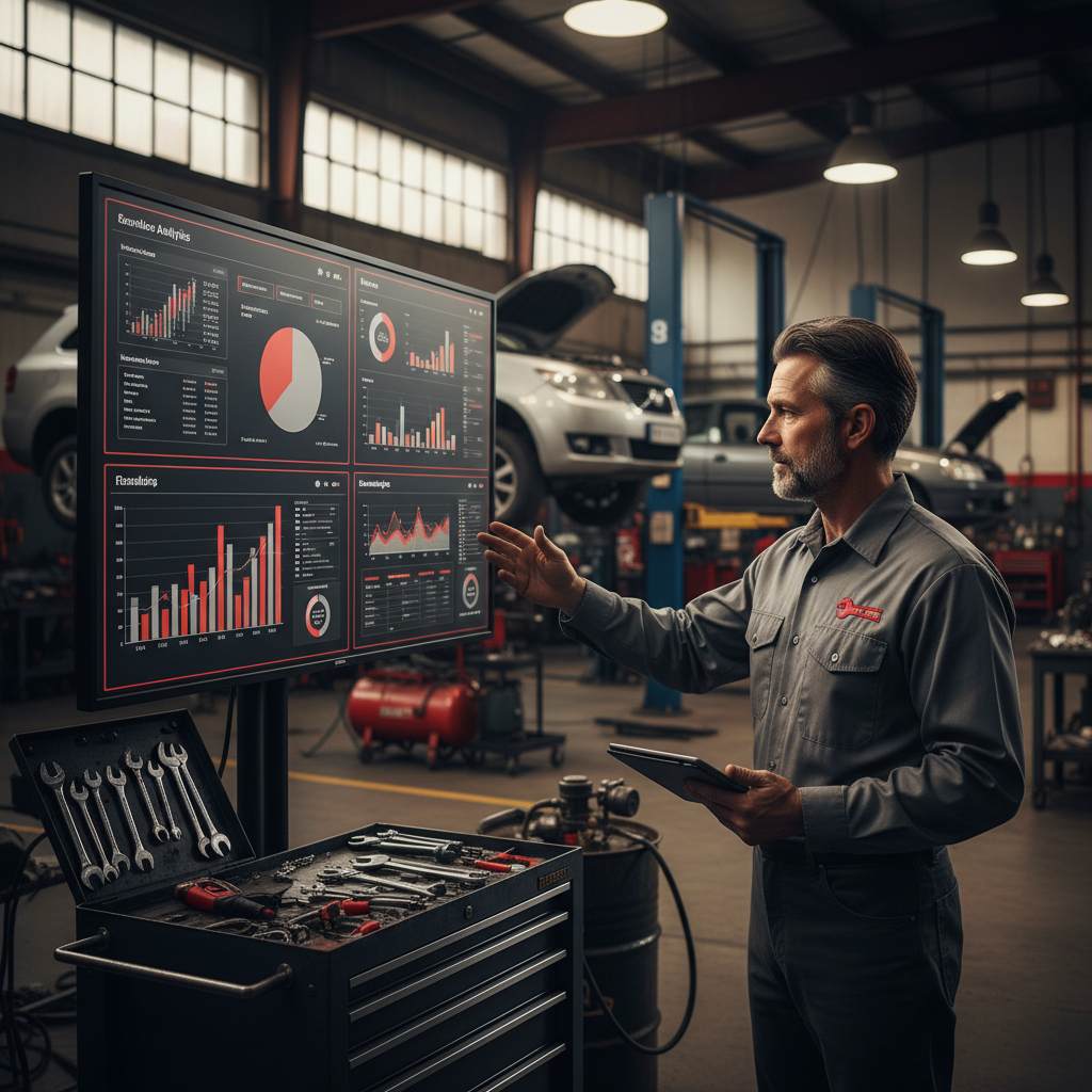 What Happens When a Miami, FL Auto Shop Tries Predictive AI?: Professional photo of an auto shop manager reviewing analytics on a large screen, showing various in | innovAIt Media