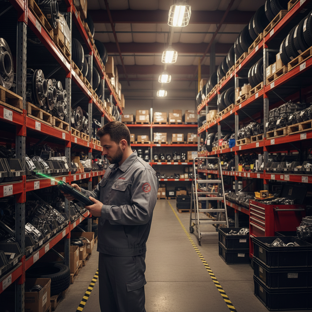 What Happens When a Miami, FL Auto Shop Tries Predictive AI?: Professional photo of an auto parts storage area, neatly organized with a technician scanning a barc | innovAIt Media