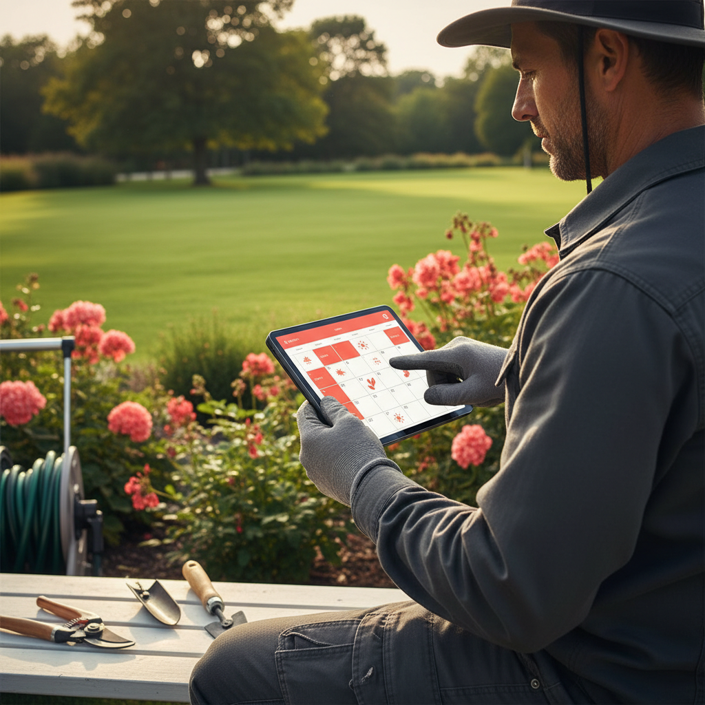 What Happens When a Landscaper Tries AI in , What Happens When a Landscaper Tries AI in , : Professional photo of a landscaper interacting with a tablet displaying AI-driven scheduling, with a | innovAIt Media