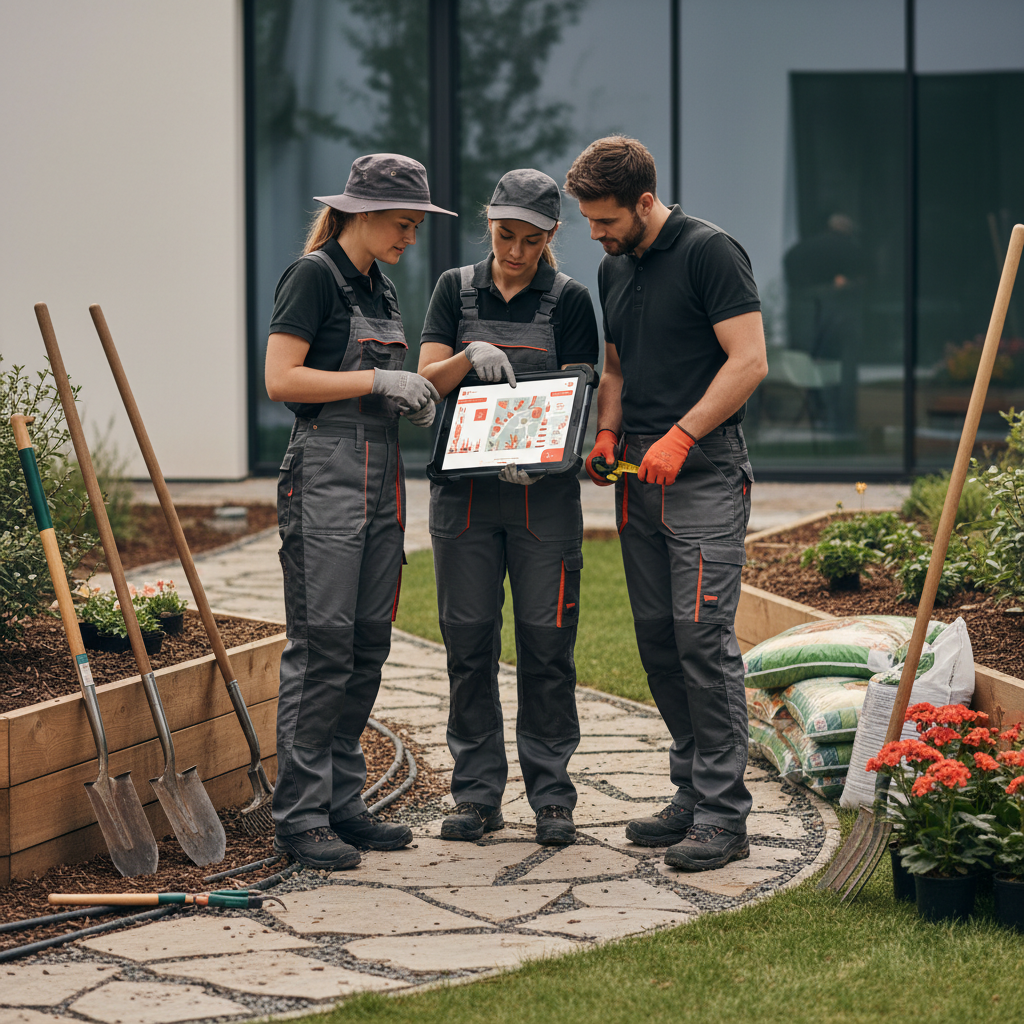 What Happens When a Landscaper Tries AI in , What Happens When a Landscaper Tries AI in , : Professional photo of a team of landscapers reviewing a digital plan on a rugged tablet, featuring A | innovAIt Media