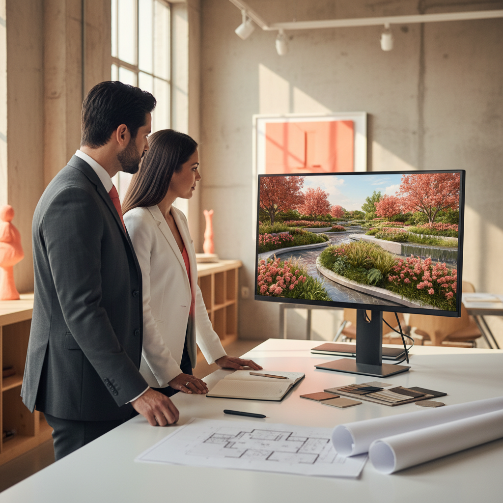 What Happens When a Landscaper Tries AI in , What Happens When a Landscaper Tries AI in , : Professional photo of a company representative showing a client an AI-generated 3D landscaping desig | innovAIt Media